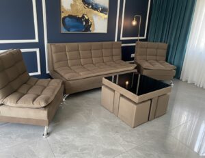 სამეული და ჟურნალის მაგიდა 4 პუფით შანელის ზედაპირით გორში მიწოდებით