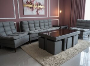 სამეული და ჟურნალის მაგიდა 6 პუფით (რეგიონში მიწოდებით)